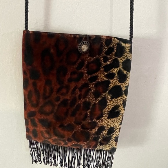 Velvet Leopard Print Fringe Bag Purse - Picture 1 of 4